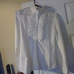 Beautiful white button-up shirt with ruffle trim